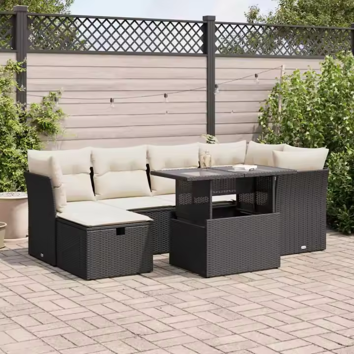 vidaXL Set de sofás de jardín 7 pzas con cojines ratán sintético negro - 1
