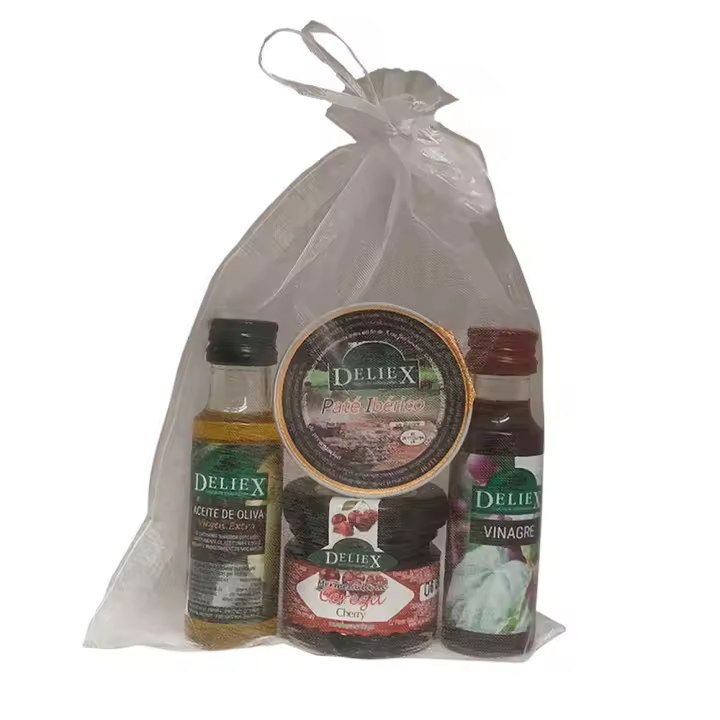 Deliex. Detalle combinado con Aceite de Oliva, vinagre, mermelada de cereza y monodosis de paté ibérico para regalar (Pack 24 ud) - 1