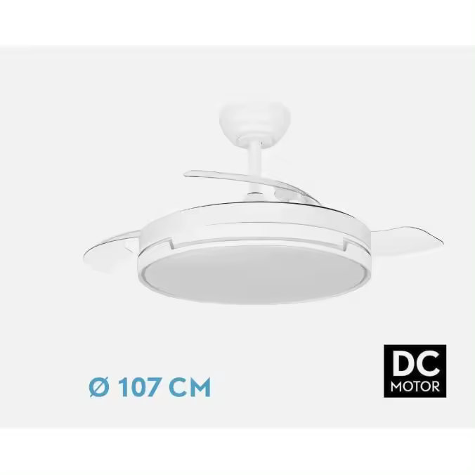 FABRILAMP Ventilador Motor Dc Papiro 59w Blanco/gris Y Blanco 3aspas desplegables,6velocidades ajustables 107D Grande 6980Lum 3000-4000-6000k,Remot+mem+tempo . Incluye mando a distancia y dos tijas de 10 y 25 centímetro  Calidad de confianza - 1