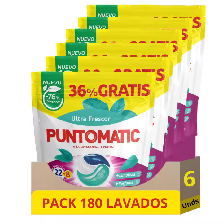 Puntomatic Detergente en Cápsulas Ultra Frescor para Ropa Pack Ahorro 180 Cápsulas - Pack 22+8 capsulas x 6 Bolsas de detergente - 1
