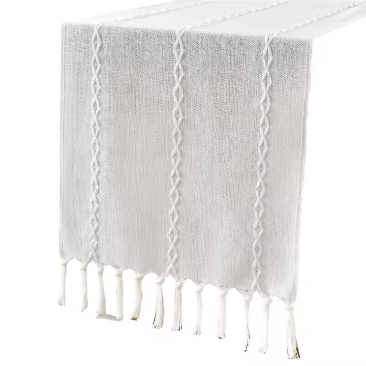 Camino de Mesa de Lino y Algodón, forma Granja, Chimenea de Mesa Blanco, 230cm - 1
