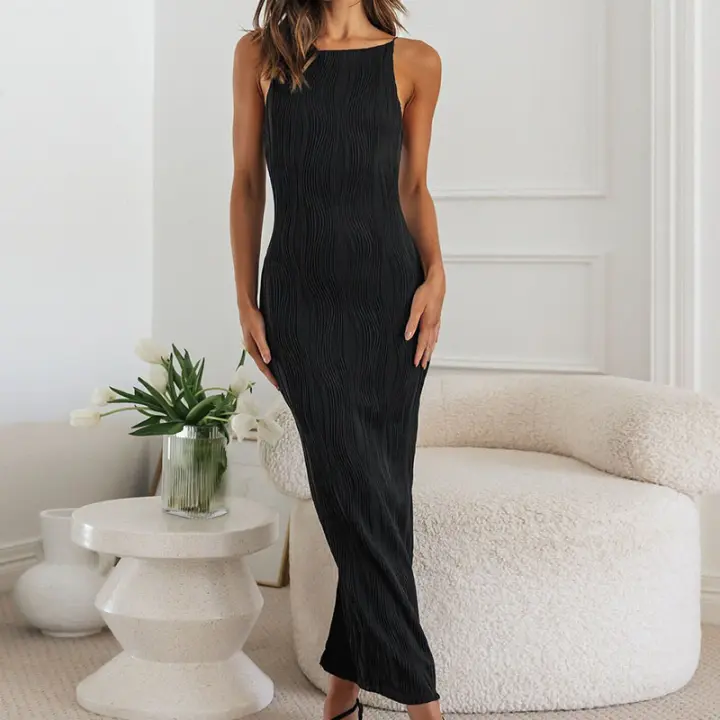 2025 nuevo vestido de las mujeres Halter largo la moda el sexo sin mangas falda sentido Slim vestidos - 1