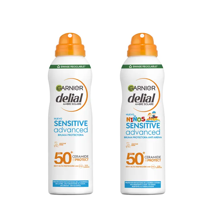 GARNIER | Delial Sensitive Advanced Bruma Protectora Anti Arena para pieles sensibles, claras e intolerantes al sol IP50+. Muy resistente al agua, sin perfume, no pegajoso + Bruma Protectora Solar para pieles claras IP50+ - 2x150 ml - 1