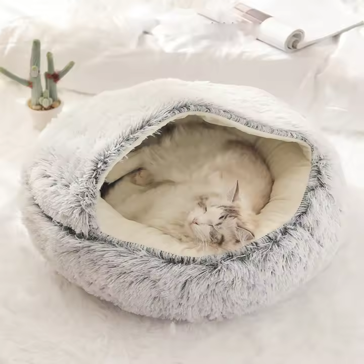 Cama De Gato Redonda De Peluche Suave Con Capucha Cueva Cómoda Para Gatos De Interior O Cachorros Pequeños Cama Doughnut Antiestrés - 1
