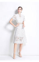 Vestido De Mujer Verano Nuevo Con Manga Corta Y Cuello Volante A-LINE Blanco Vestido Casual De Rodilla Lace Suelto Pullover Sin Estirar - details 16