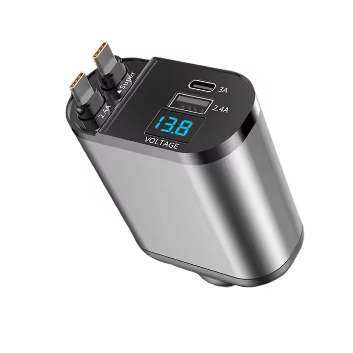 Cargador de coche retráctil 4 en 1, Puerto dual USB C PD, Carga rápido, adaptador para encender los cigarrillos de coche con Pantalla de Voltaje (DulaTypeC) - 1