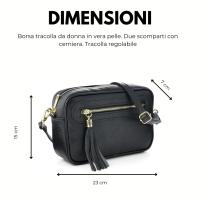Bolso de HOMBRO mujer de cuero Genuino, bandoleras Mujer pequeñas, ajustable Y 2 bolsos con Cremallera, Italian artesania JOY (Negro) - details 1