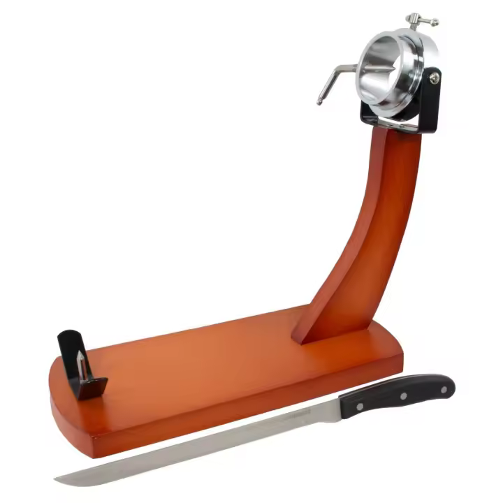 Fackelmann Set Soporte Jamonero Giratorio en Madera de Pino, incluye Cuchillo Jamonero Nirosta Fit 26/39 cm Acero Inoxidable para Cortar Jamón en Finas Lonchas - 1