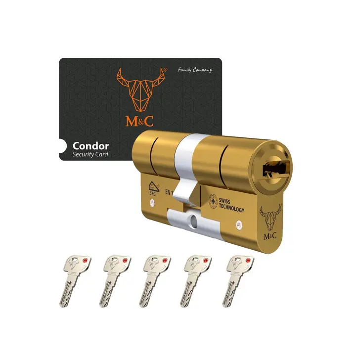 M&C Condor Cerradura Puerta Bombín Alta Seguridad 32x32mm MC Larga Doble Embrague Certificación Seguridad Máxima SKG 3 Estrellas Anti Bumping Anti Topolino Resistente Taladro Tecnología Suiza Color Dorado 5 Llaves Incluidas - 1