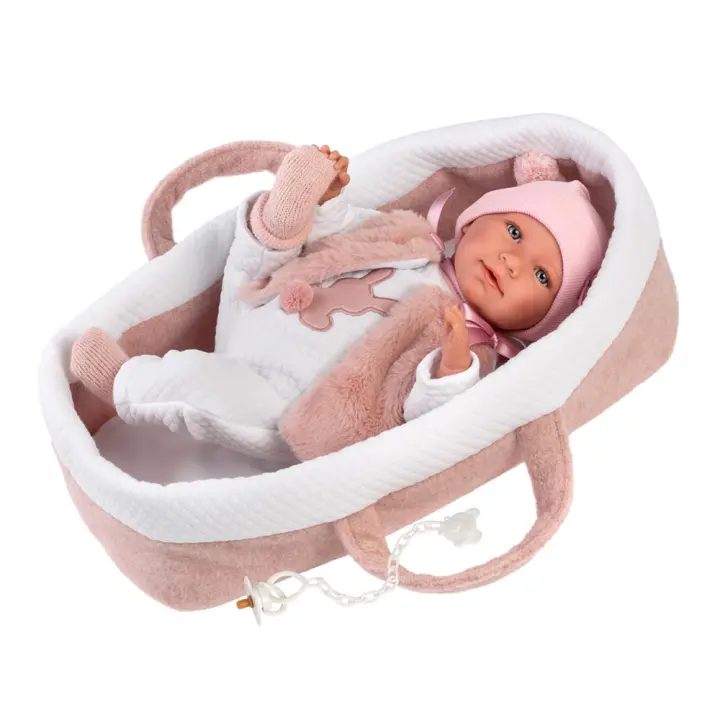Muñeca recien nacida llorona Mimi con Capazo Rosa Tacto Suave 40 Cm (Llorens 74012) - 1