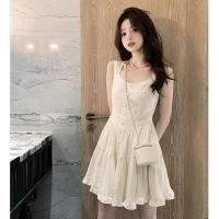Vestido Sin Mangas Blanco Retro Francés Para Mujer Verano Cintura Ajustada Y Elegante Mini Vestido De Encaje Sin Capucha - details 3