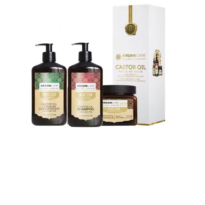 Set trio tratamiento capilar ricin Arganicare shampoo + acondicionador + mascara - 1
