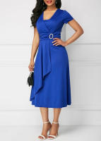 Vestido De Fiesta Midi Para Mujeres Elegante En Color Sólido Con Cuello En V Y Cintura Definida Vestido De Noche De Manga Corta Asimétrico - details 0