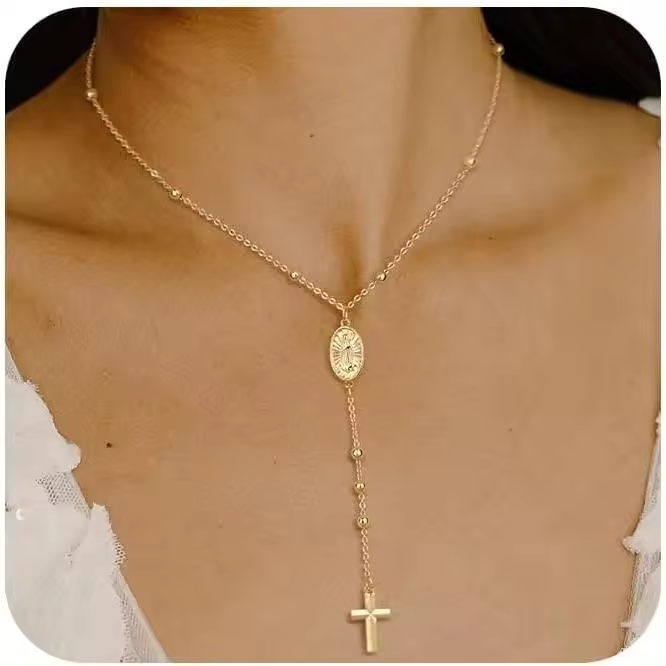 CCCAZ1 - Collar de Cruz para Mujer, collar de Oro para Mujer, Collares de Oro en Capas para Mujer, joyería de Oro para Mujer, no se deslustra, envolvent | Cuentos | Y | rosary - 1