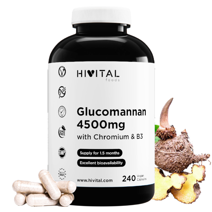 Glucomanano 4500 mg. 240 cápsulas veganas para 1,5 meses. Glucomannan a partir de fibra vegetal de raíz de Konjac con Cromo y Vitamina B3. Saciante Natural ideal tanto para mujer como para hombre. Hivital
