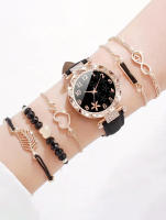 Set De Reloj De Cuarzo Para Mujer Con Estampado De Hoja Negra Y Pulsera De Pluma Negra Y Amor 6PCS Regalo Elegante Casual - details 1