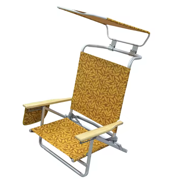 Silla de Playa Reclinable con 5 Posiciones y Toldo – Silla Plegable de Aluminio con Reposabrazos de Madera, Porta Vasos y Bolsa de Almacenamiento, Ideal para Playa, Camping y Jardín - 1