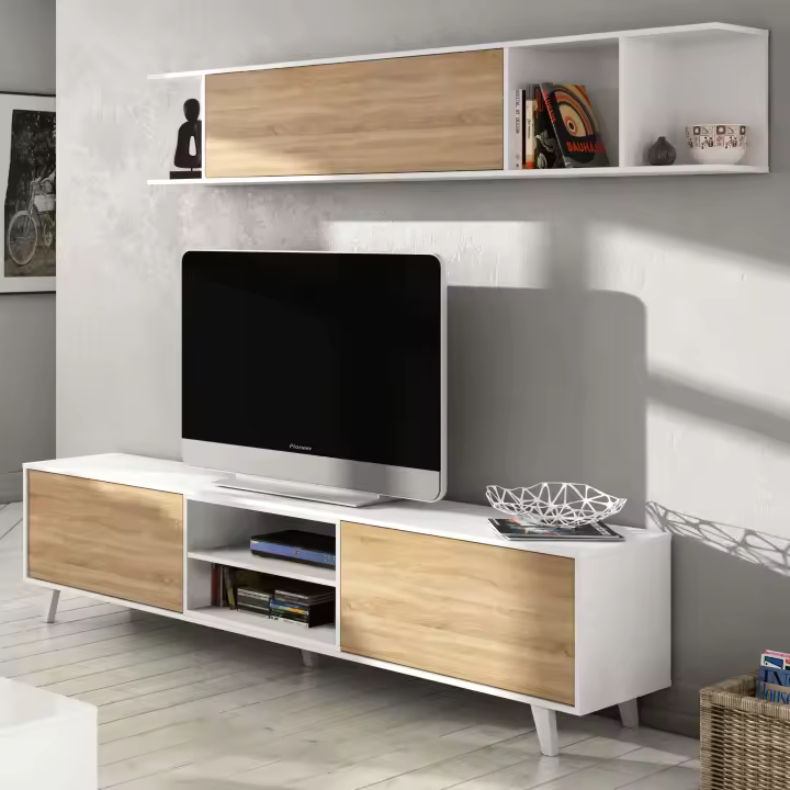 Mueble Tv Zaiken salón comedor en blanco y color madera roble 180x51x41 cm - 1