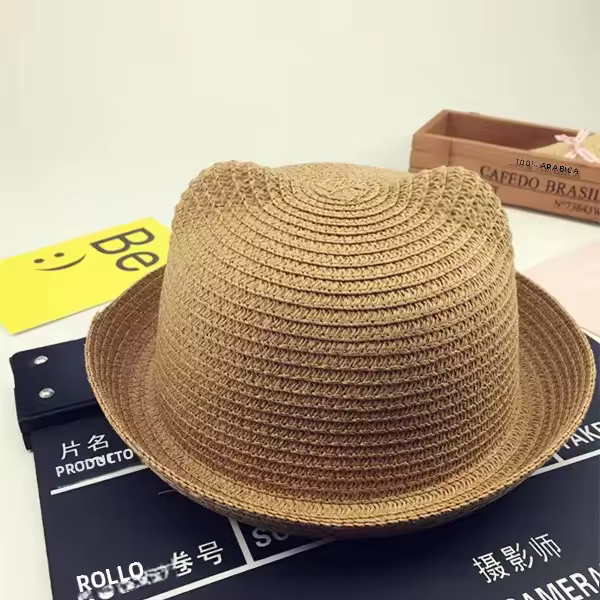 Sombrero De Sol Para Niños Y Niñas Protección Solar Sombrero Pannamericano Con Decoración De Orejas Material De Paja Unisex - 1