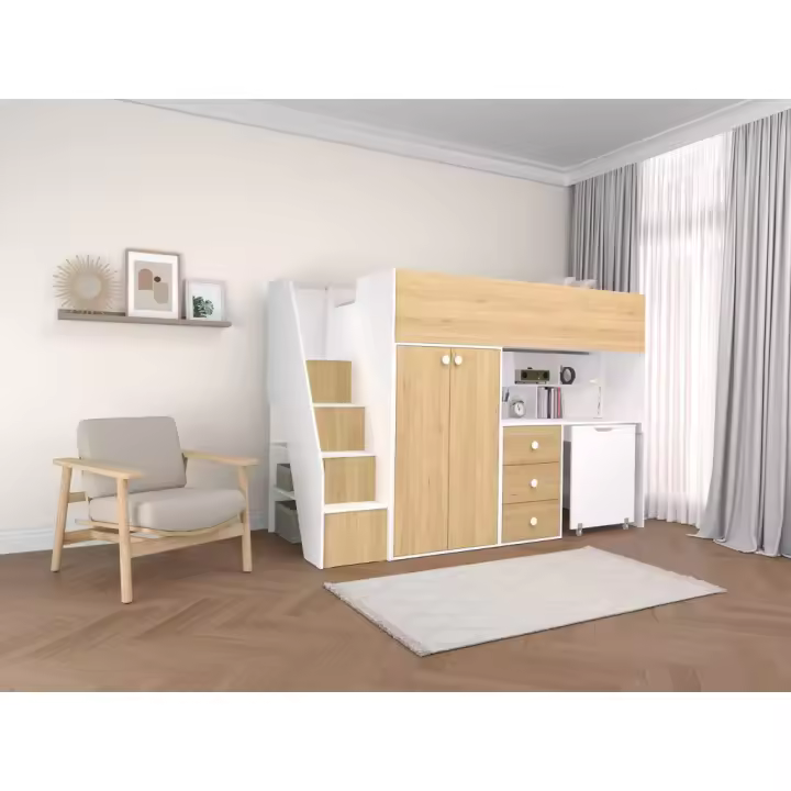 Vente-unique - Cama alta 90 x 190 cm con armario y escritorio - Blanco y natural - LANILATO - 1