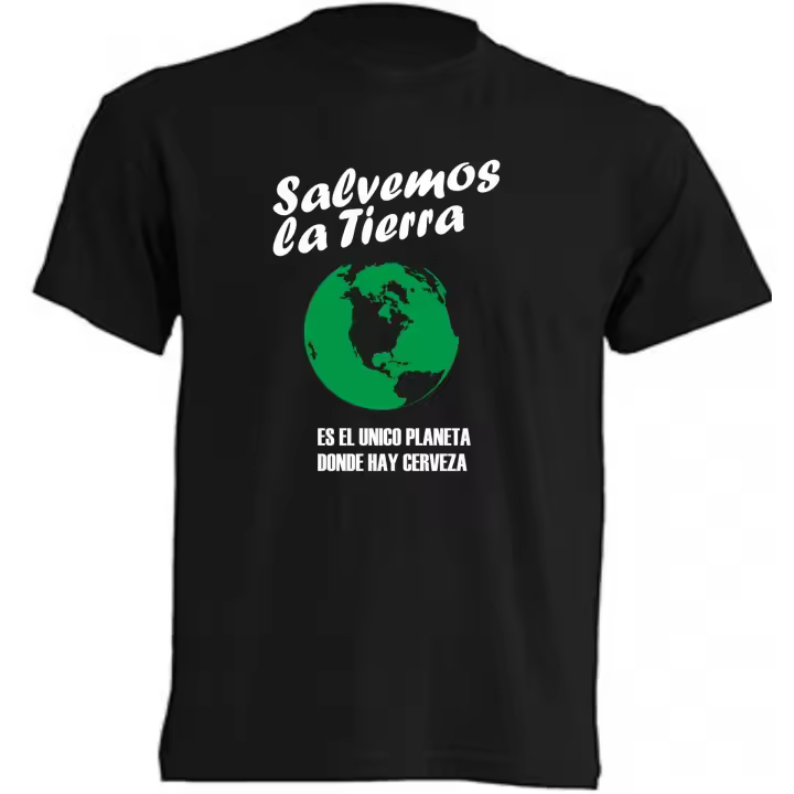 Camiseta Salvemos la tierra, es el único planeta donde hay cerveza - | Algodón | Manga Corta - Tejido tubular, sin costuras laterales. - Punto liso - 1