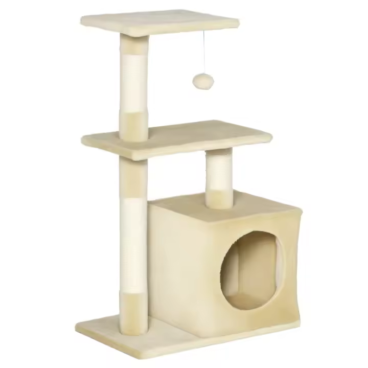 PawHut Árbol Rascador para Gatos 81,5 cm Torre para Gatos con Postes de Sisal 2 Plataformas Cueva y Bola Colgante Estilo Elegante 50x30x81,5 cm Beige - 1
