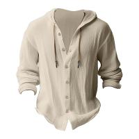 Camisa Casual Para Hombre De Color Sólido Con Capucha Y Cuerda Ajustable De Algodón Y Lino Estilo High Street Top Versátil Para El Día - details 20