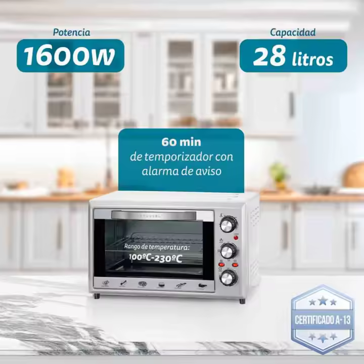 Horno eléctrico multifunción de sobremesa  de 28L - HR-28SILVER - 1600W - Gris - 1