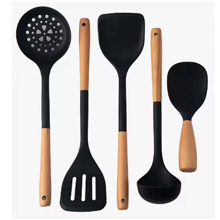 Set De Utensilios De Cocina De Silicona 5 Piezas Con Mango De Madera No Atrapa Adherido Espátula Antiadherente Cuchara De Fritura Cuchara De Arroz Herramienta De Cocina Ecológica - 1