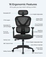 Silla de oficina ergonómica de malla, soporte lumbar, reposacabezas ajustable, respaldo transpirable, carga 120 kg - details 1