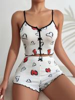Conjunto De Pijama Para Mujer Con Estampado De Corazones Camiseta De Hombros Y Shorts De Verano Homewear Nocturna Sexy Y Cómoda - details 4