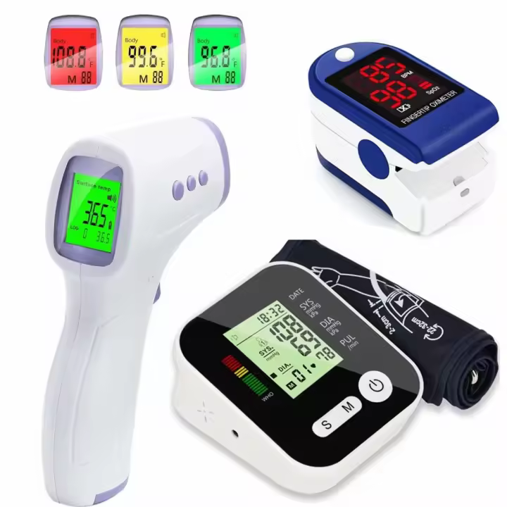 Kit para el hogar 3 en 1: tensiómetro digital, termómetro infrarrojo sin contacto y pulsómetro portátil. Controle la frecuencia cardíaca, la presión arterial y la temperatura corporal. Fundamental para la felicidad familiar. - 1