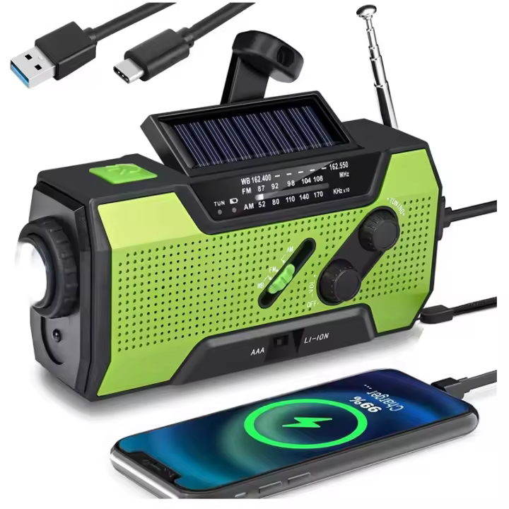 Radio meteorológica de emergencia con manivela, radio meteorológica, radio de manivela, 5000 mAh, carga solar, funciona con manivela y batería, linterna de emergencia para exteriores - 1