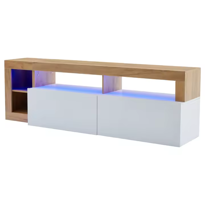 Mueble de TV Moderno para TVs hasta 80 ''| Alojamiento Abierto con Indicadores LED | Marco de Madera Natural & Puertas Blancias | Ideal para Salones y Dormitorios - 1
