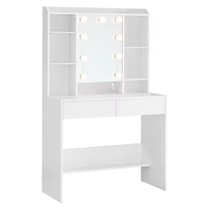 Tocador Moderno con Luces LED Ajustables, Color Blanco, 9 Luces con 3 Tonos, Brillo Ajustable, Espejo, Estantes Ajustables, 2 Cajones, Mesa de Maquillaje Ideal - 1
