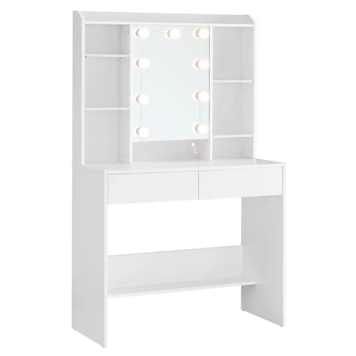 Tocador Moderno con Luces LED Ajustables, Color Blanco, 9 Luces con 3 Tonos, Brillo Ajustable, Espejo, Estantes Ajustables, 2 Cajones, Mesa de Maquillaje Ideal - 1