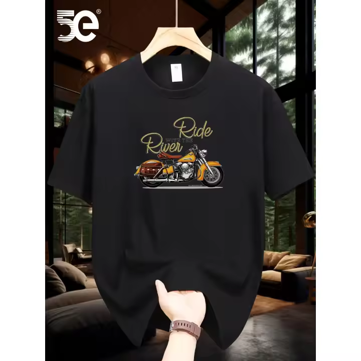 Men'S Casual Cotton T-Shirt, 100% Cotton Crew Neck Tee, Heavyweight Summer Short Sleeve with Motorcycle Print, Slight Stretch Loose Fit - 1