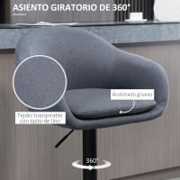 HOMCOM Taburete Alto de Cocina Regulable en Altura Taburete de Bar Tapizado de Tela con Reposapiés y Pata de Acero Carga 110 kg 54x54x92-112 cm Gris Oscuro - details 4