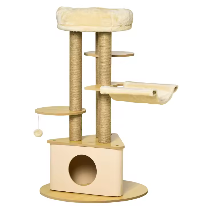 PawHut Árbol Rascador para Gatos Ø60x99 cm con Cueva Triangular de Fieltro Extraíble Hamaca Cama Lavable Postes Rascador de Yute Plataformas y Bola Colgante Beige y Natural - 1