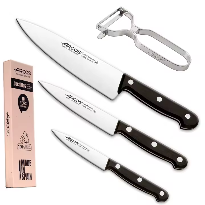 Arcos Juego Cuchillos Cocina Set Cuchillos Cuchillos Profesional  Cuchillos Cocina Profesional Set Cuchillos 3 Cuchillos 1 Pelador   Mango Negro (4 Piezas)  Envase Ecologico - 1