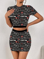 Conjunto De Dos Piezas Con Estampado En Todas Las Partes Falda Y Camiseta Cintura Elástica Estilo Casual Para Mujer - details 2