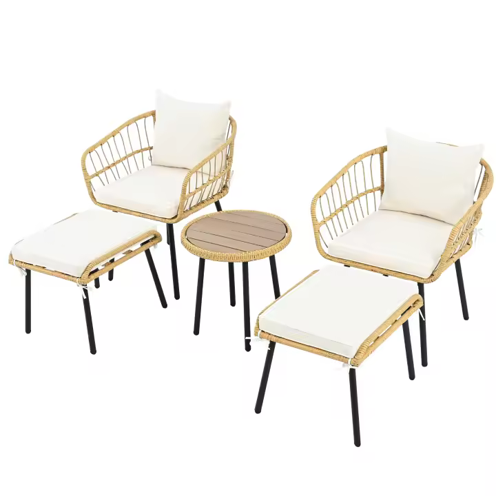 Juego de 5 sillas de Ocio de Jardín incluye 1 Mesa de Comedor, 2 Sillas, 2 taburetes, muebles, ratán, color natural - 1