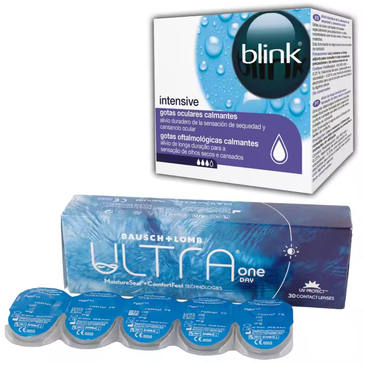 ULTRA ONE DAY Lentes de Contacto Diarias – 30 Unidades + Blink Intensive Gotas Oculares 20x0,4 ml | Advanced MoistureSeal | Tecnología ConfortFeel | Confort e Hidratación Avanzada | Viales Monodosis Sin Conservantes | Alivio Suave y Efectivo - 1