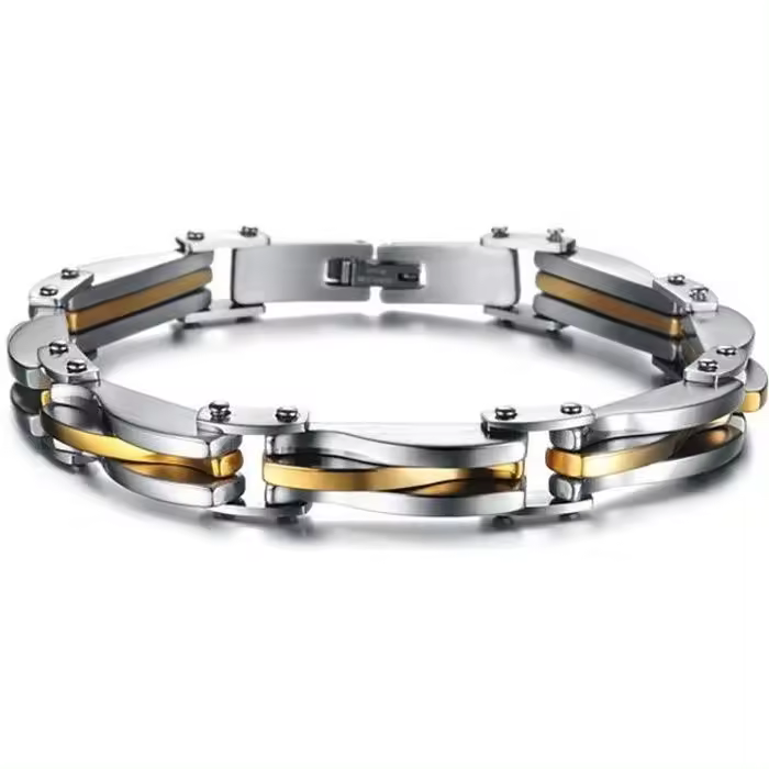 Pulsera de eslabones de cadena de acero de titanio y oro y plata para hombre - 1