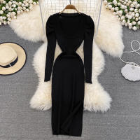 Vestido REALEFT De Mujer Otoño Invierno Con Cuello Cuadrado Manga Larga Y Acolchado De Puff Trasero Lateral Split Midi Casual - details 29