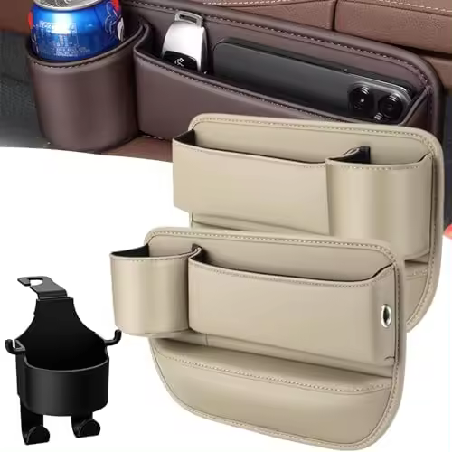 Bolsa para espacio de portavasos de cuero para automóvil, Bolsa para espacio para portavasos de cuero para automóvil, Caja de almacenamiento para asiento de automóvil con portavasos, Almacenamiento para asiento de automóvil (Beige, Mix) - 1