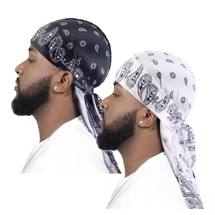 2PCS Turban De Tela Impresa Para Hombres Gorro De Pirata Con Cuerda Larga Accesorios De Cabello Durag Biker Capa Unisex Casual - 1