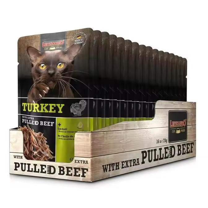16 Sobres x 70 gr - Leonardo Sobre Pavo + Carne Extra Desmenuzada de Ternera para Gatos - 1