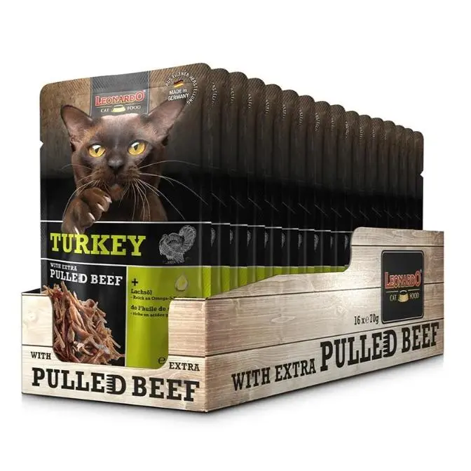 16 Sobres x 70 gr - Leonardo Sobre Pavo + Carne Extra Desmenuzada de Ternera para Gatos - 1