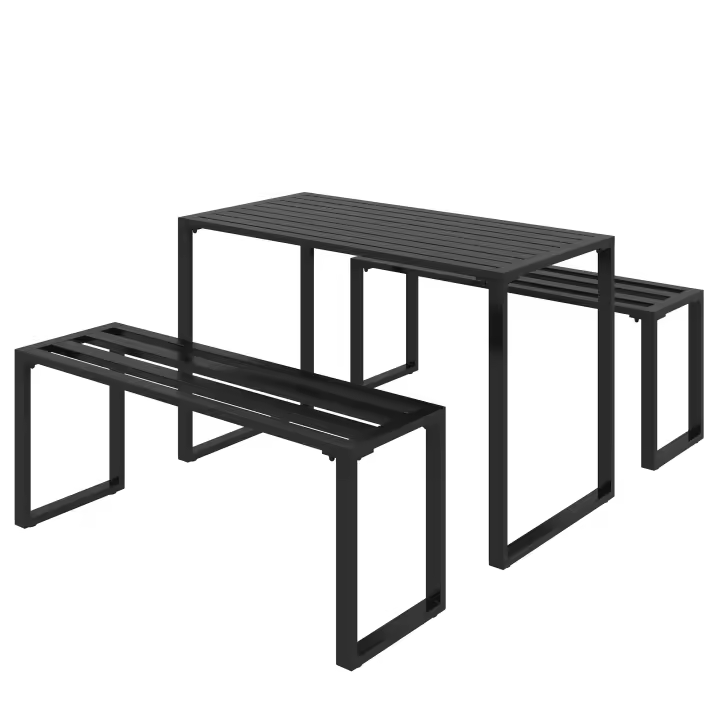 Muebles de exterior Juego de 3 piezas. Conjunto de Jardín con Mesa Y 2 bancos de metal Negro 110x55x70 cm. - 1
